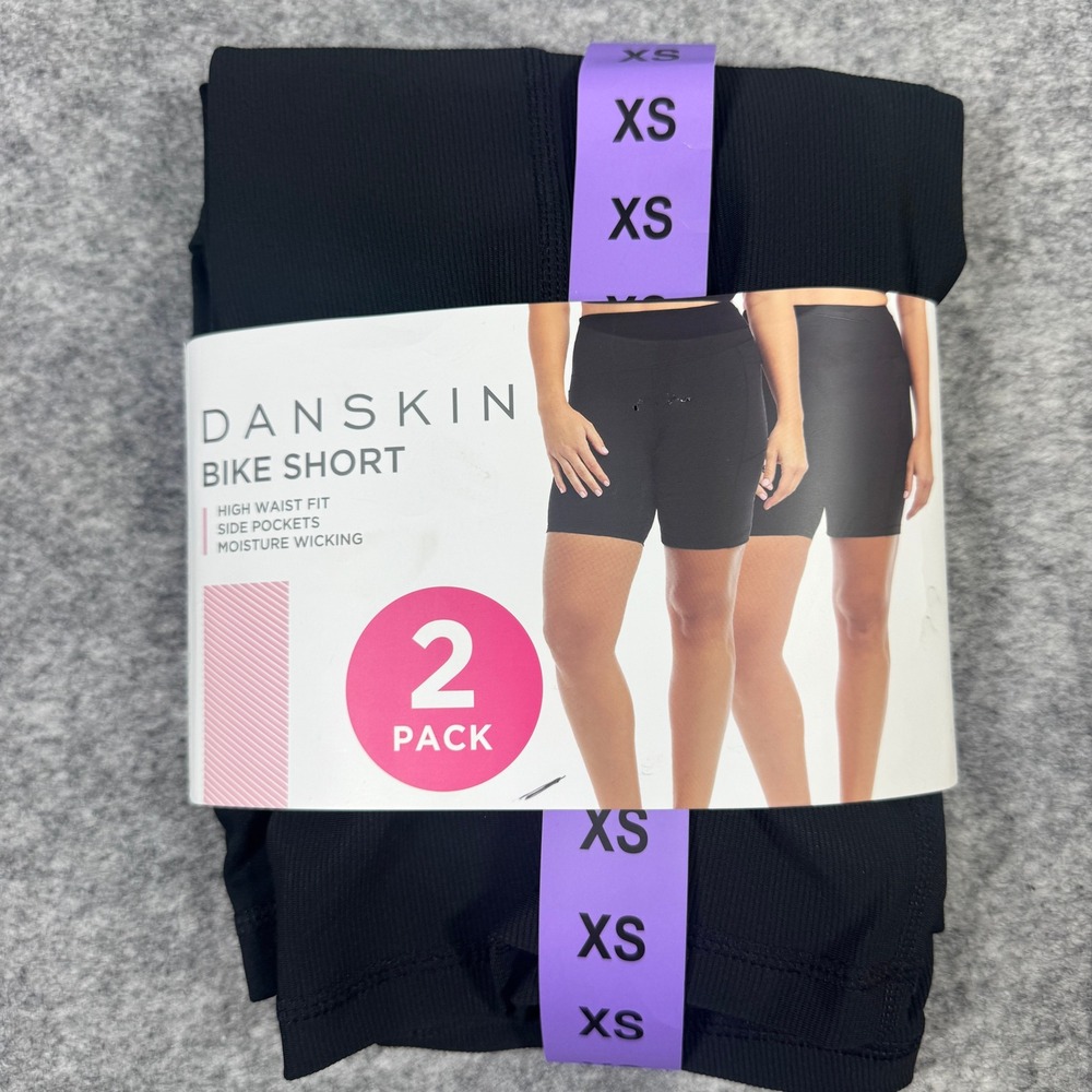 Danskin Women Black High Waist Bike Shorts 2 Pack Side Pockets XS 4126